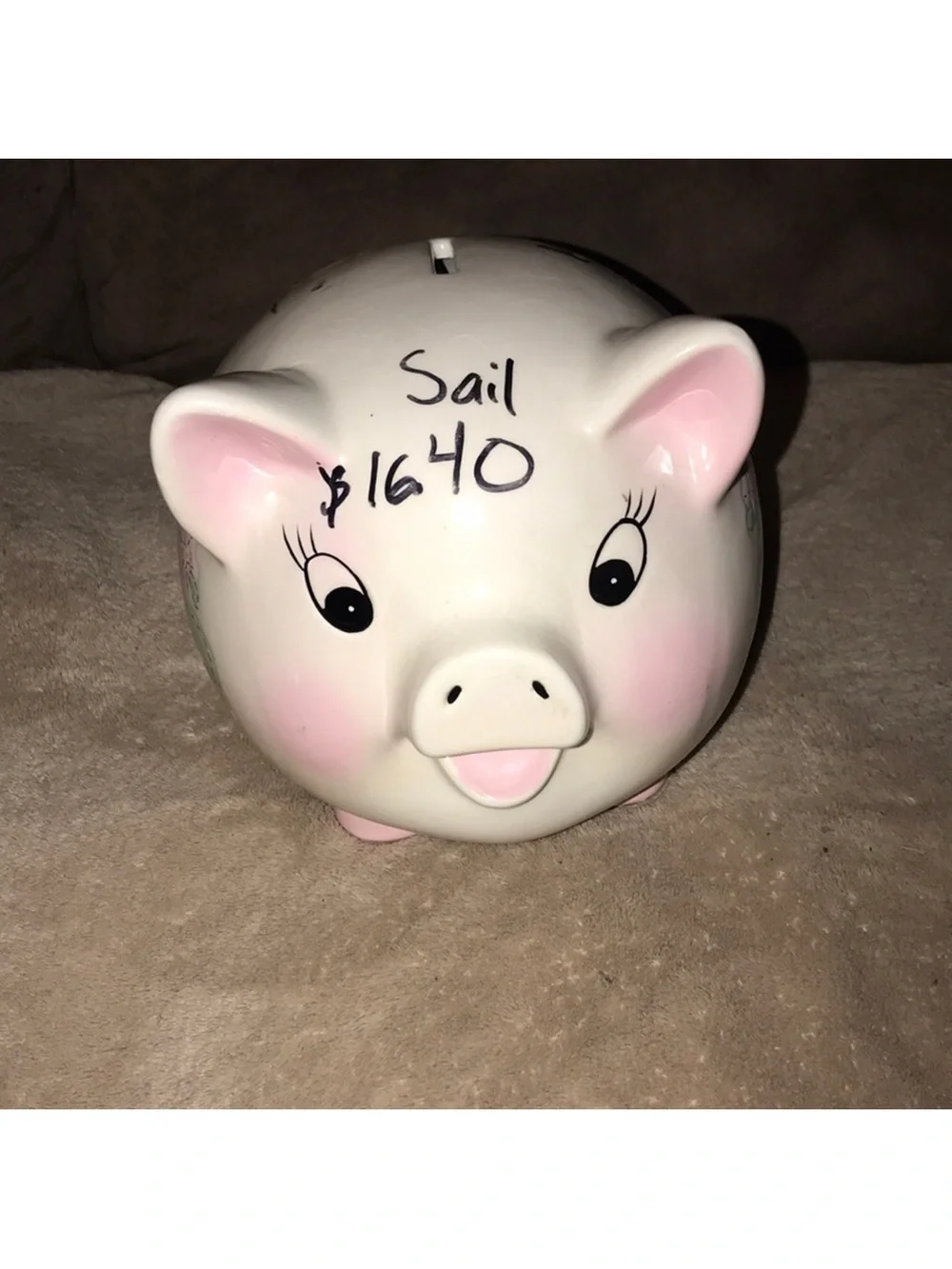 Ceramic White Piggy Bank with Pink Accents and Butterfly Design